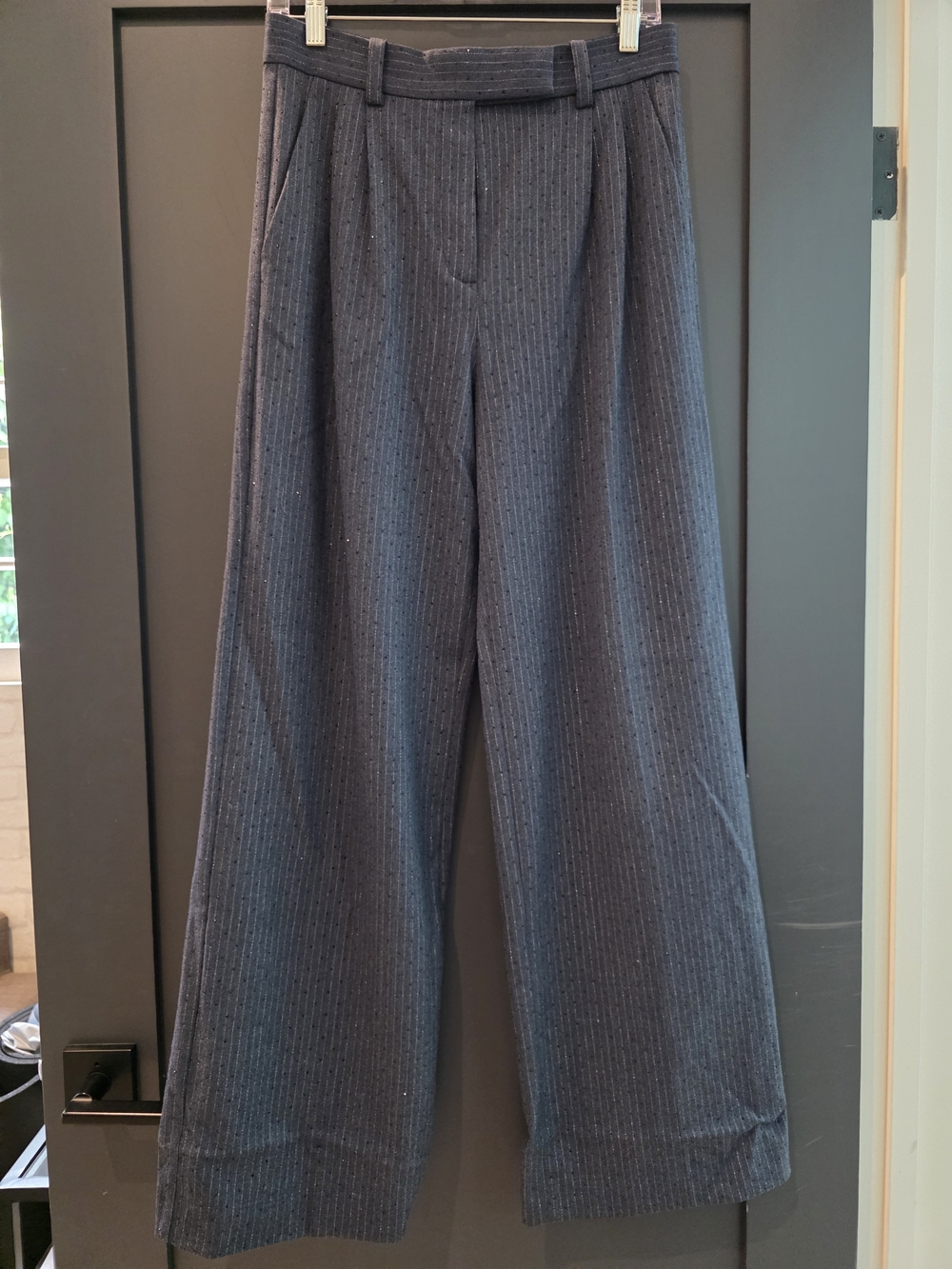 Maje Navy Pinstripe Wide-Leg Trousers With Sparkles